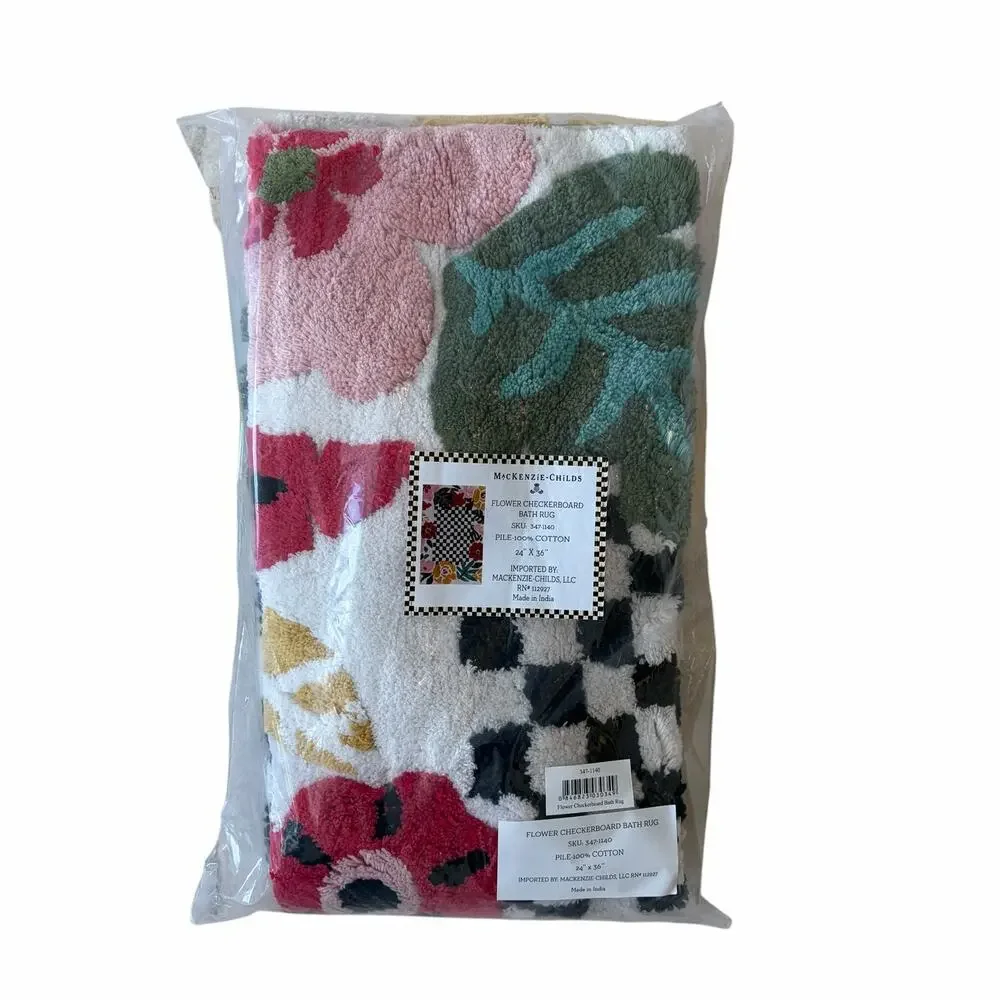 NEW MacKenzie-Childs Flower Checkerboard Bath Rug 100% Cotton 24